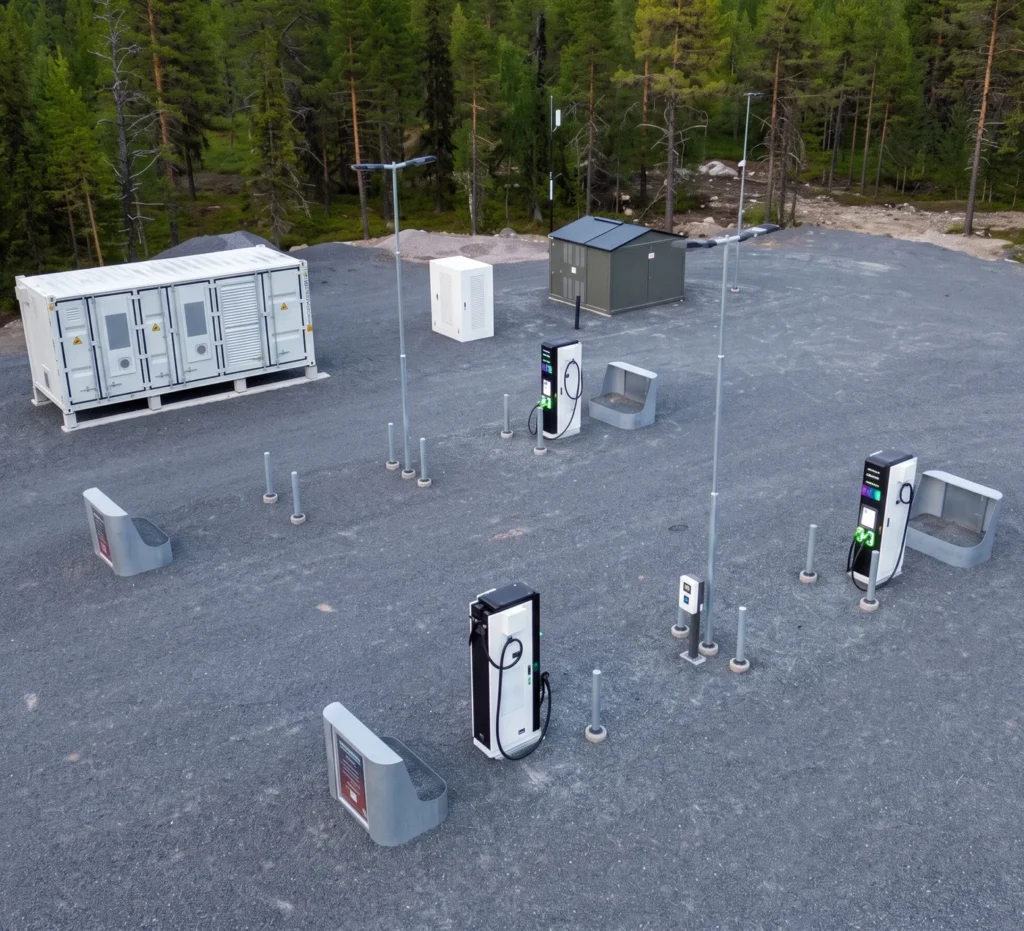 Laddplatsen i Aspnäs med energilager, nätstation och tre DC-laddare, byggd av EL13R