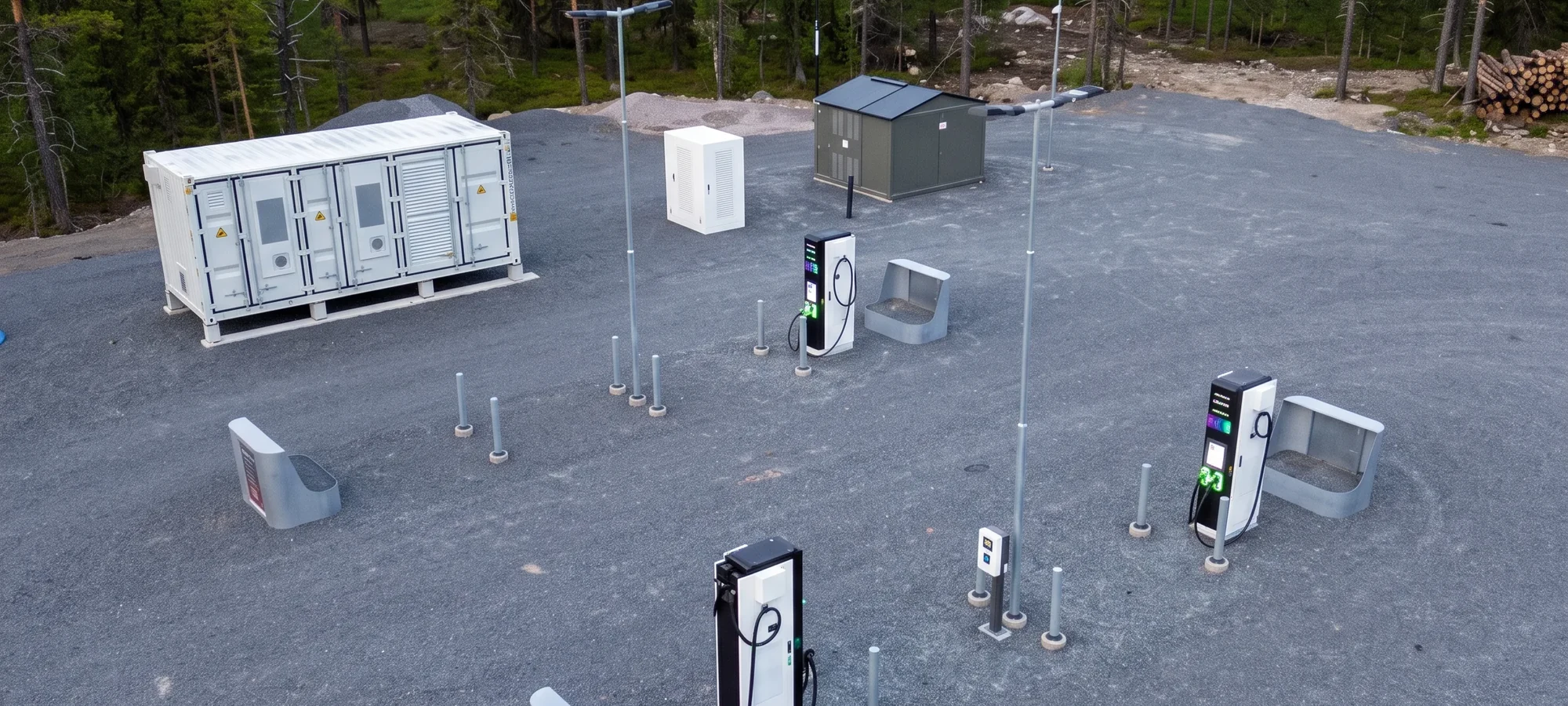 Publik laddplats i Aspnäs med DC-laddare, energilager och nätstation, byggd av EL13R